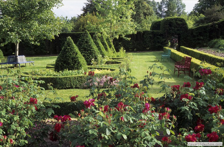 coloured benches in upper garden