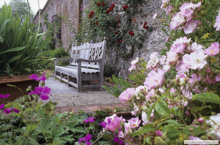 oak bench in upper garden